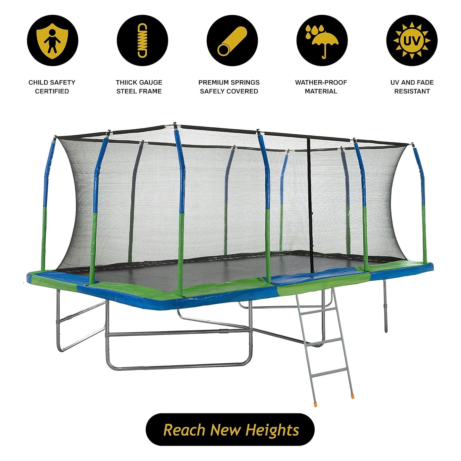 Plexalife - Mega 10' X 17' Gymnastics Style, Rectangular Trampoline Set with Premium Top-Ring Enclosure System with Bonus 3-Step Ladder