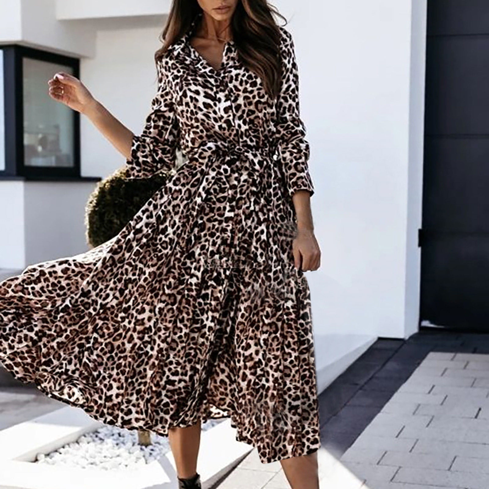 TANGNADE Summer Dresses For Women 2022 Fashion Sexy Printed Long Dress  Stand Collar Single Breasted Leopard Dress 