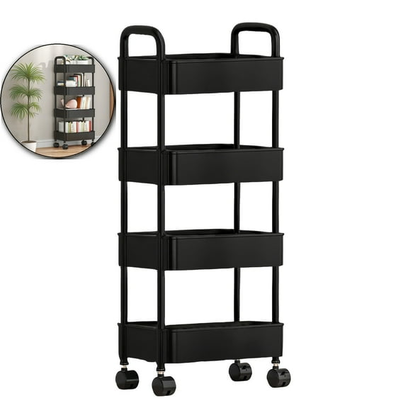 WNFJR 4-Tier Plastic Rolling Utility Cart with Handle, Multi-Functional Storage Trolley for Office, Living Room, Kitchen, Movable Storage Organizer with Wheels, Black