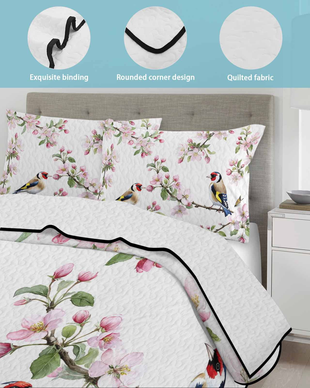 Floral Birds 3 Piece Quilt Bedding Set with 2 Pillow Shams, Spring Pink Cherry Blossom Birds Lightweight Bedspread Coverlet, Soft Breathable All Season Quilt, 96 x 106 Inch