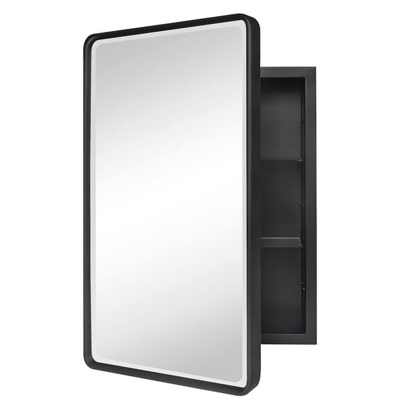 TEHOME Farmhouse Black Medicine Cabinet, 16x24 Inches, Recessed, Beveled Mirror
