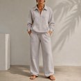 thumbnail image 2 of Smupbvky Womens Half Zip Sweatsuits Collared Long Sleeve Pullover and Wide Leg Pants Casual Fall 2 Piece Workout Set (S, Khaki), 2 of 7