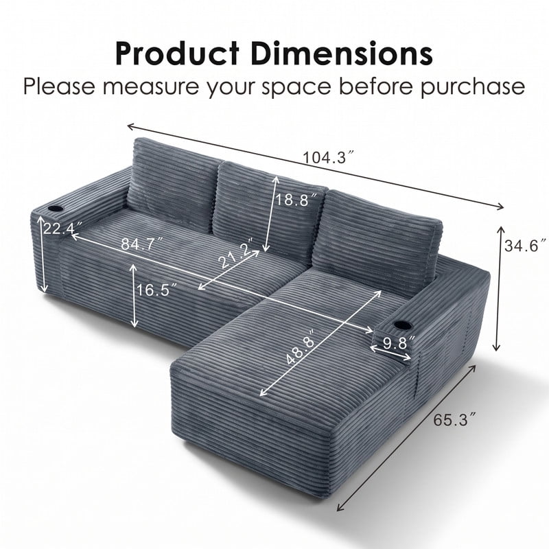 Anpport 104" Boneless Cloud Modular Sectional Couch, Corduroy Sofa with Cup Holders, Side Pockets, Deep Seat, No Assembly Required for Living Room, Gray (R‑Shaped, Right Facing Chaise)