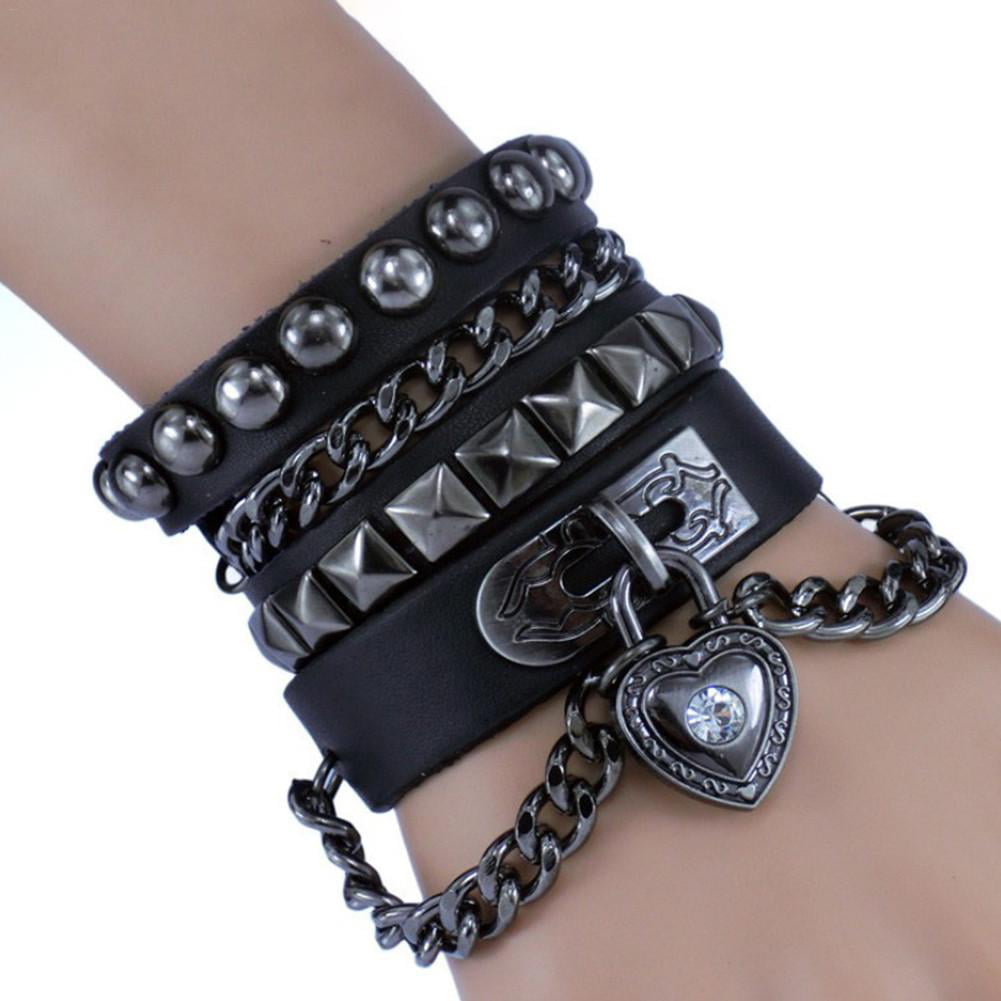 Mens Elastic Punk Stainless Steel Inlaid Leather Wolf  Open Cuff Bangle Bracelet