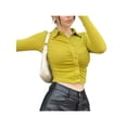 thumbnail image 1 of Qmyliery Women  Leisure  Crop Tops, Lapel Neck Solid Color Long Sleeve Pleated Shirt, 1 of 9
