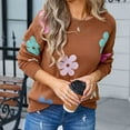 thumbnail image 6 of Rohuuque Fall Trendy Swearter for Women Casual Crew Neck Loose Flower Printed Long Sleeved Pullover Sweater Tops Brown, 6 of 8