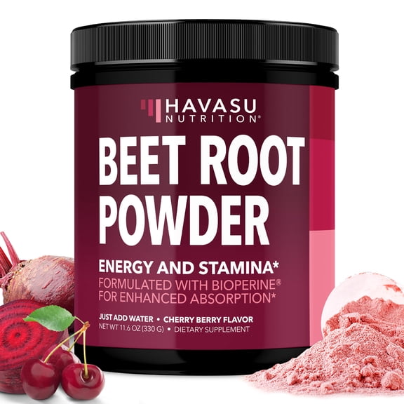 Polvo de Betabel HAVASU NUTRITION con Vitamina B12, Cordyceps, Óxido Nítrico, Apoyo Post-Entrenamiento, Sabor Cereza y Frutas del Bosque, 30 Porciones