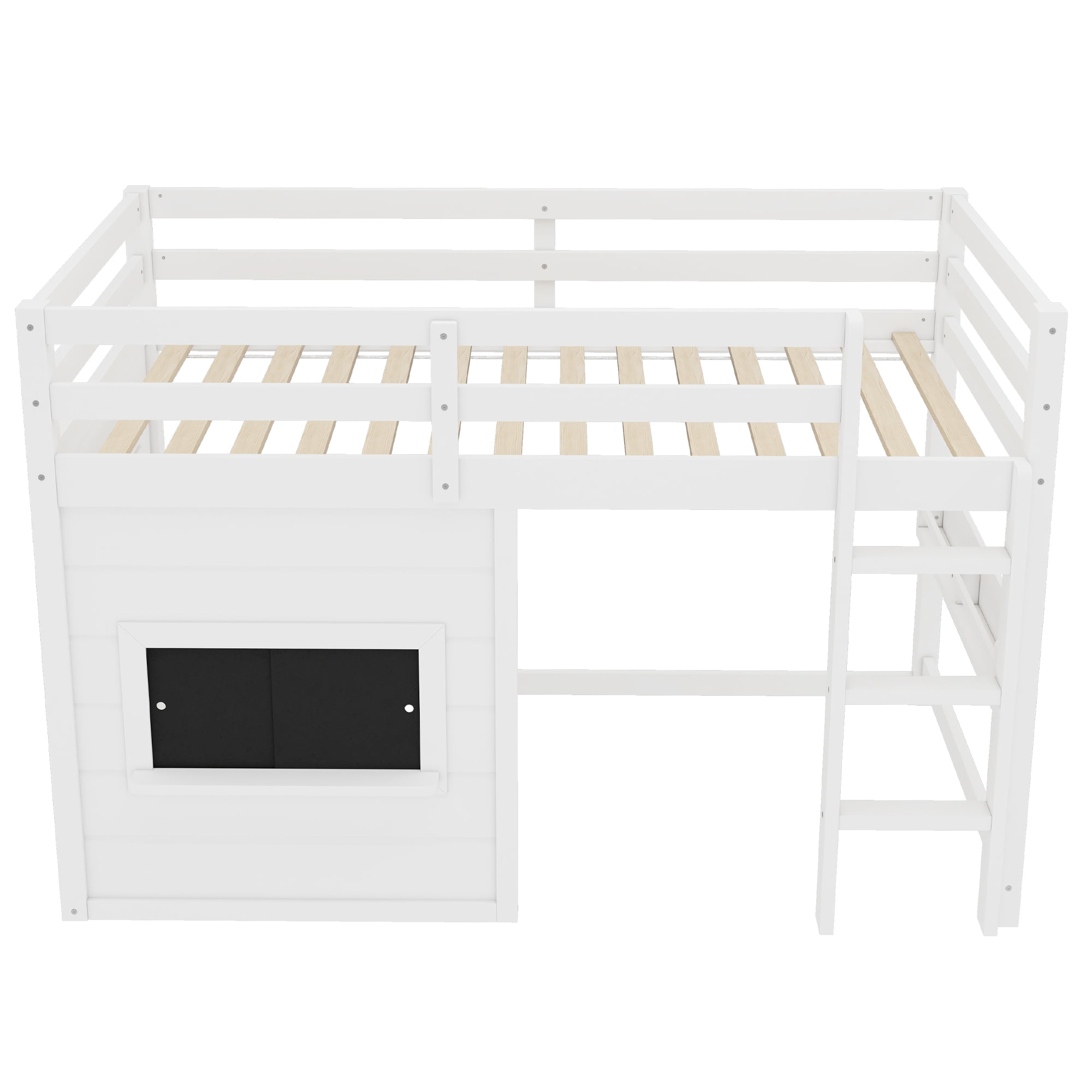 Leumius Twin Size Loft Bed with Storage Shelves,Solid Wood Low Loft Bed Frame with Chalkboard and Bookshelf,Space Saving,White