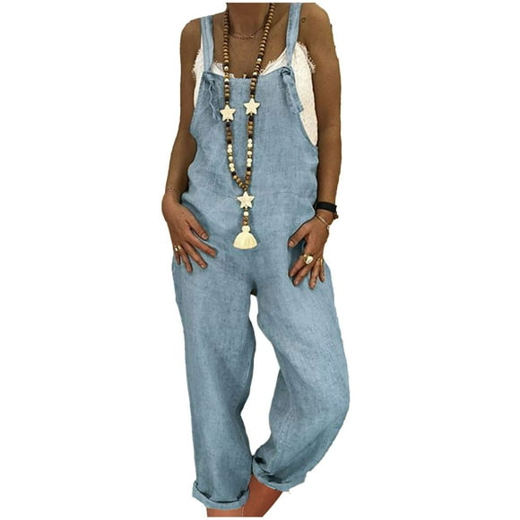 LOVZFMLL Women's Jumpsuit, Casual Loose Sleeveless Overalls Suspenders with Pocket Jumpsuit Light Blue, L