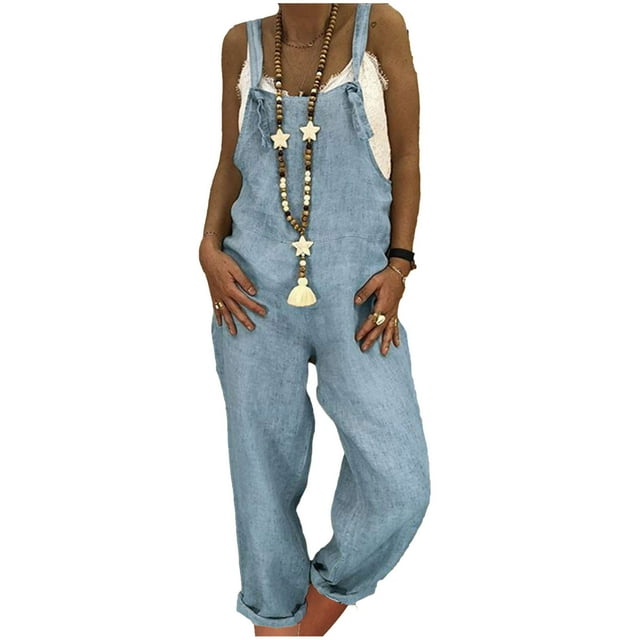 LOVZFMLL Combinaison pour Femme, Salopette Décontractée Ample Sans Manches à Bretelles avec Poche Combinaison Bleu Pâle, S