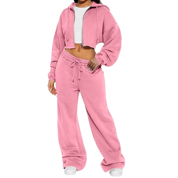 CIENVNSTG Women 2 Piece Set Fall Clothes Outfits Zipper Hooded Sweatshirt Set High Waist Ladies Sweatpants Set Streetwear Hot Pink M