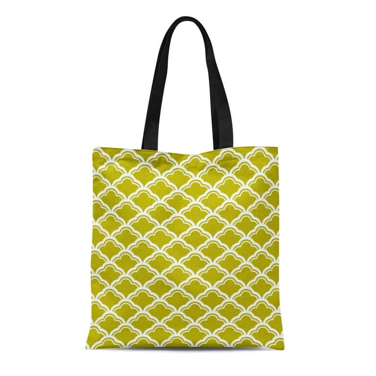 SIDONKU Canvas Tote Bag Green French Scallop Pattern in Chartreuse