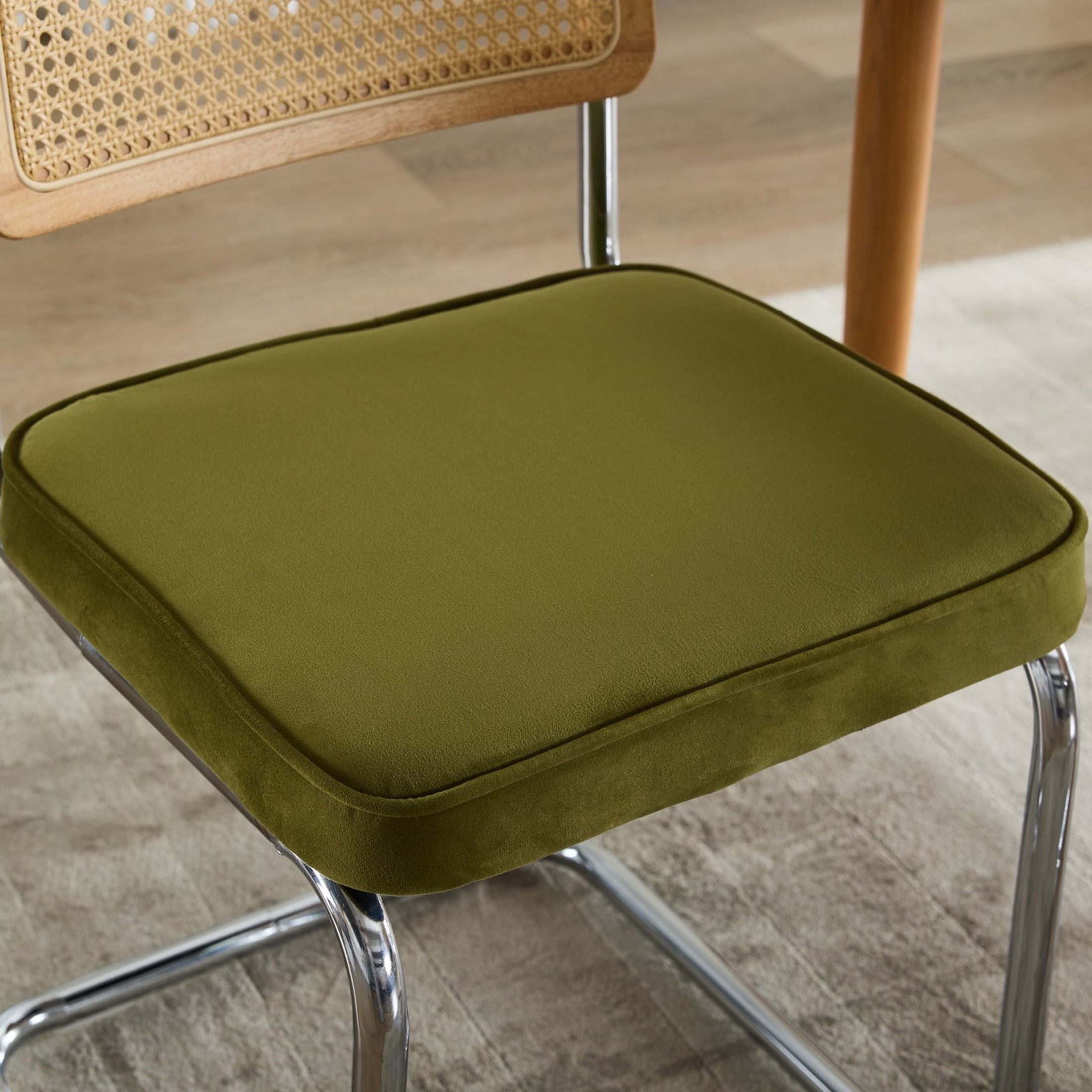 Noble House Muse Modern Upholstered Velvet Dining Chairs, Rattan Back and Stainless Base, Olive Green, Set of 2