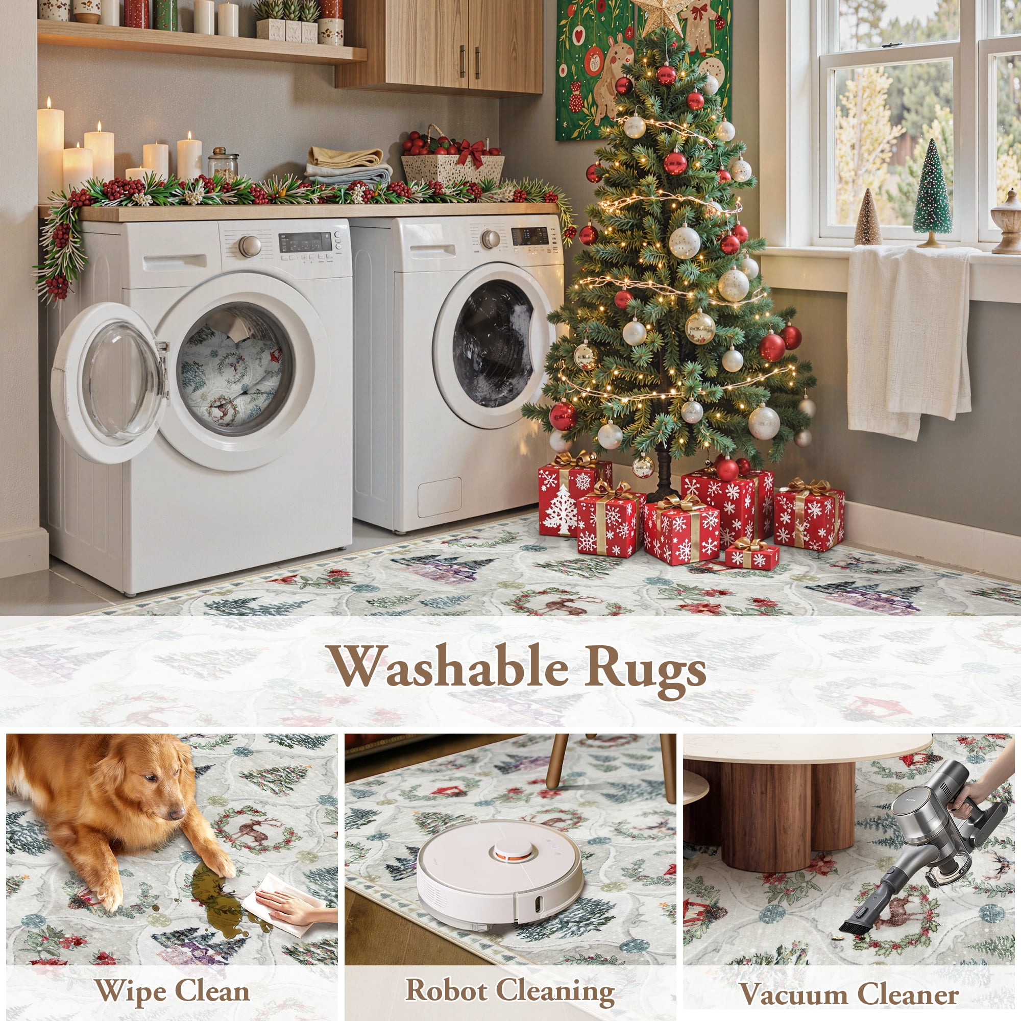 Moynesa 8'x10' Christmas Area Rug for Living Room, Large Rug Xmas Tree Modern Rug Kitchen Rug Washable Rug Non Slip Moroccan Carpet Holiday Decor Soft Accent Rug for Bedroom Dining Room, Beige