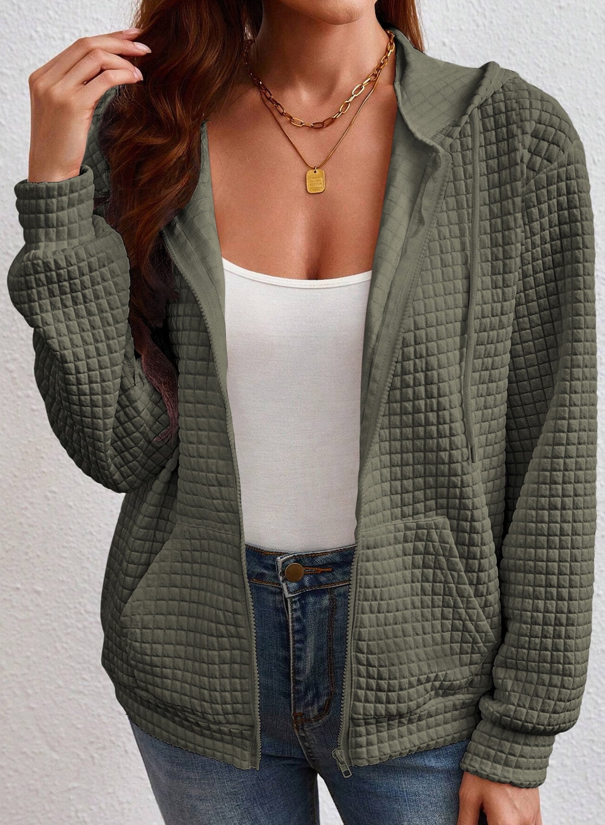 DOKOTOO Women's Hoodies Zip Up Oversized Sweatshirt Fall Casual Drawstring Waffle Hooded Jackets with Pocket S-2XL
