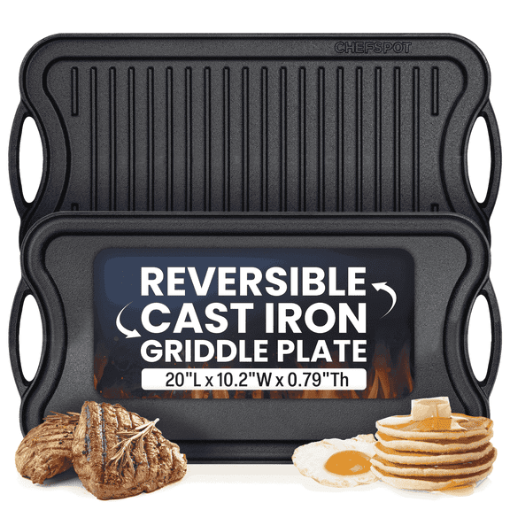 CHEFSPOT Preseasoned Cast Iron Reversible Grill Griddle Plate Pan - 20", Black, Hand Wash