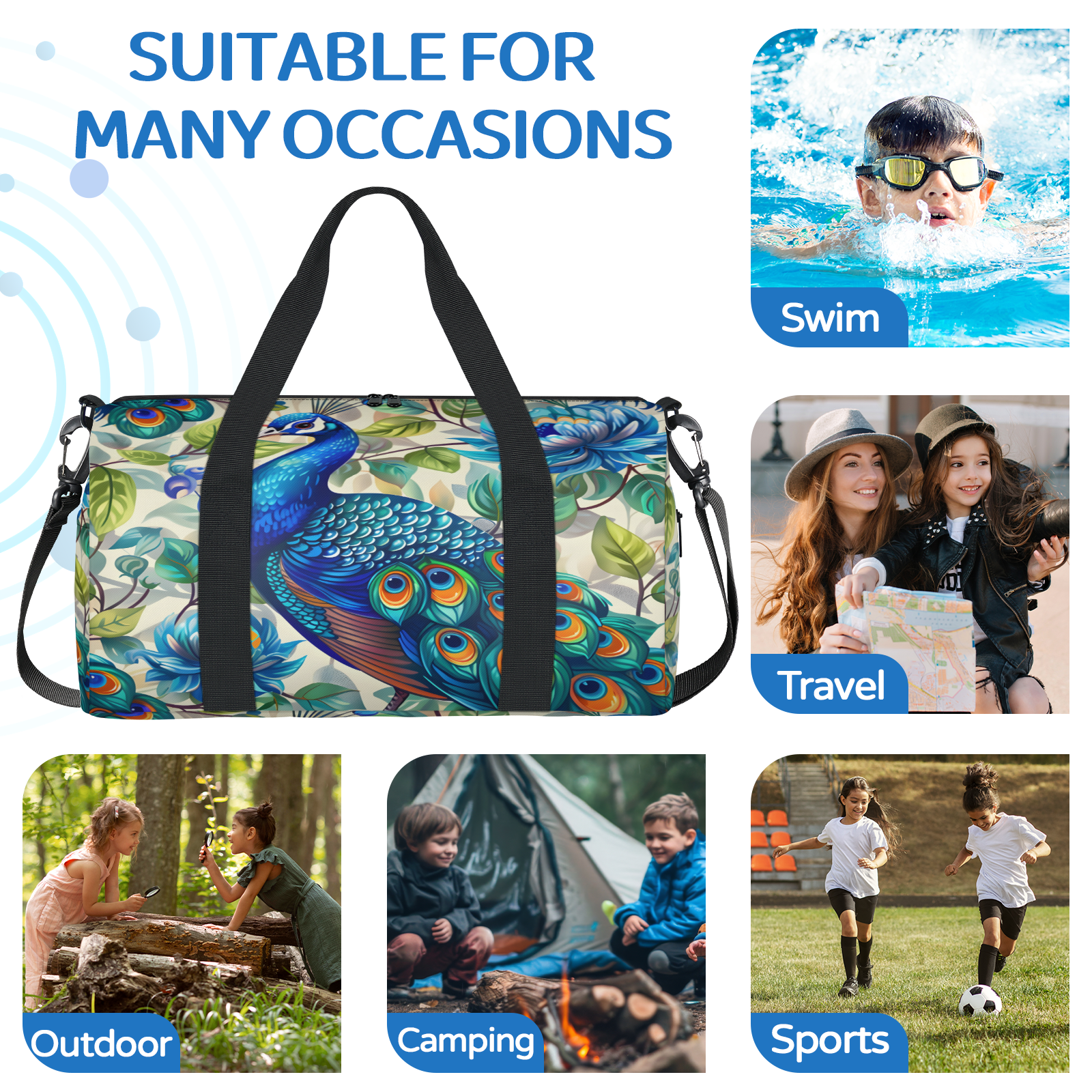Herdesigns Peacock Travel Duffle Bag Sports Yoga Weekender Overnight Carry on Workout Bags Lightweight Waterproof Gym Tote Bag for Women Blue Beautiful Bird Flower