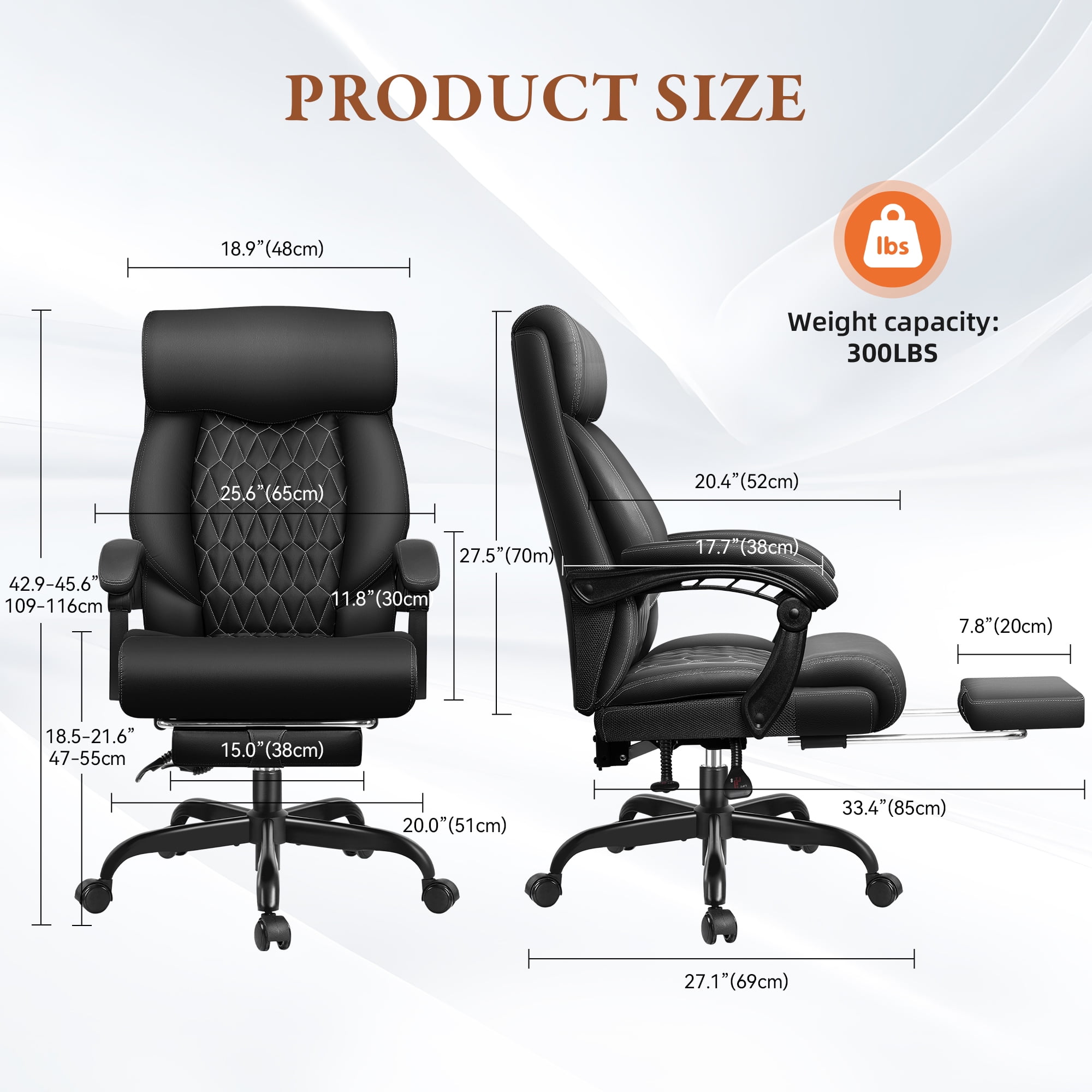 FASTES Executive Office Chair, Ergonomic Desk Chair with Adjustable Armrests, Big and Tall Office Chair Computer Leather Chair with Footrest and Lumbar Support, Black
