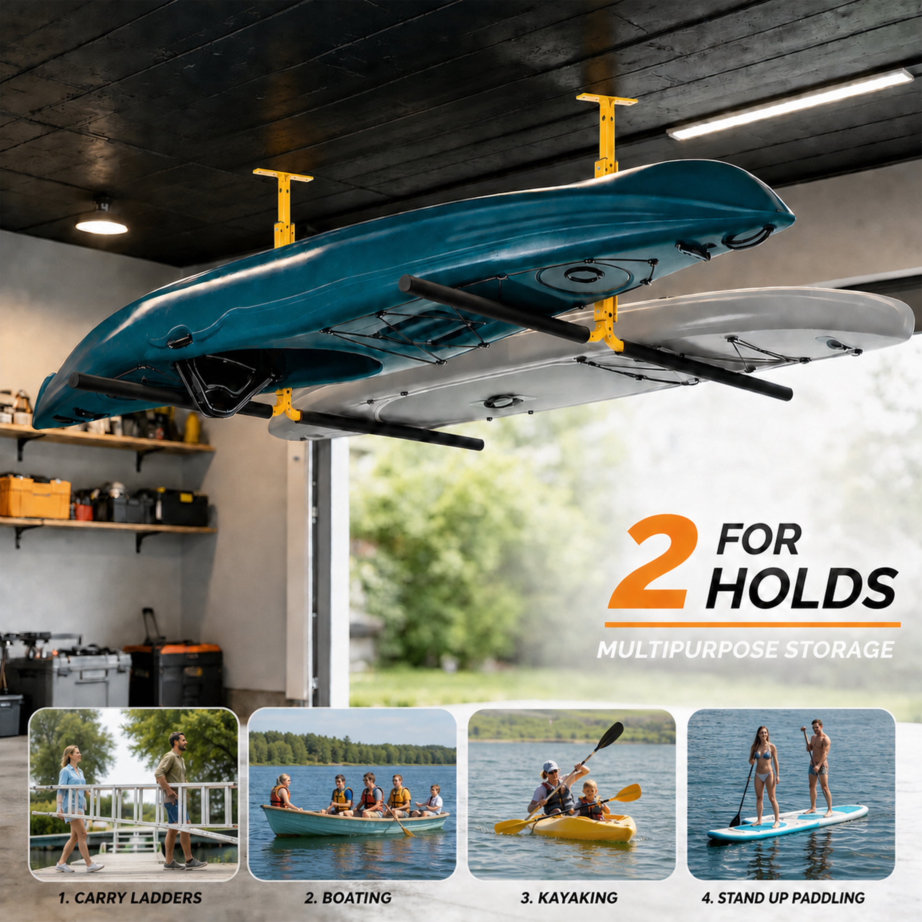 2 Pack Kayak Ceiling Storage Rack, Overhead Garage Hanger, Adjustable Heavy Duty Ceiling Mount Storage Rack, Holds 2 Kayaks, Canoe, Surfboard and SUP