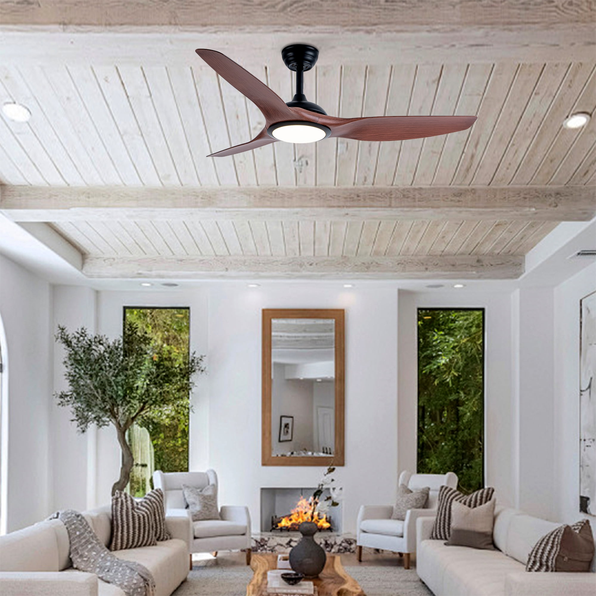 52 Inch Ceiling Fan With Light Kit LED Light Source ABS Blades, DC 6 Speed, Remote Control, Adjustable Height Ceiling Fan for Patio Living Room, Bedroom, Office, Indoor