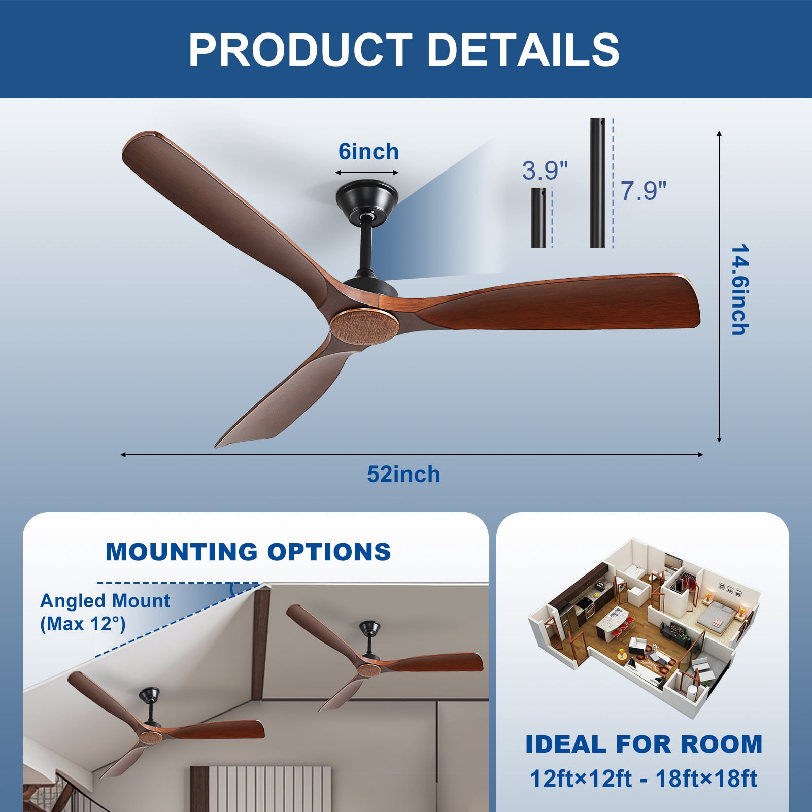 DingLiLighting Ceiling Fan Without Light: 52 Inch Walnut Ceiling Fan No Light Remote APP Control - 3 Blade Ceiling Fans for Indoor Outdoor Ultra Quiet DC Motor Reversible 6 Speed Timer