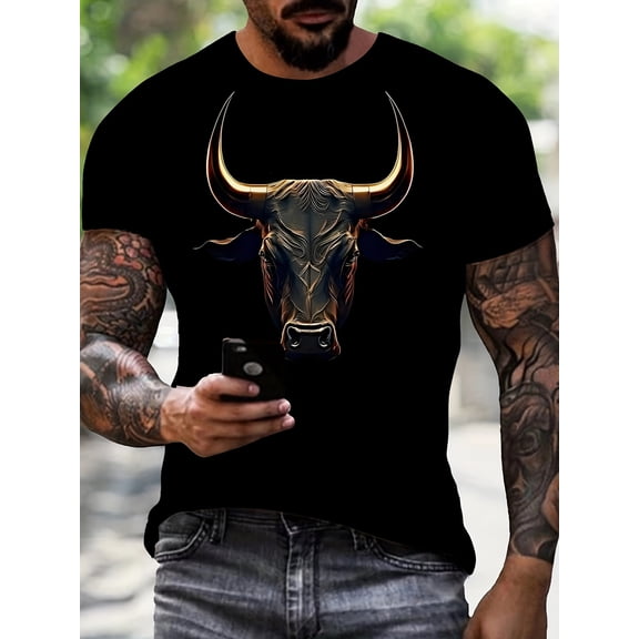 Men's Retro Golden Bull Graphic T-Shirt Cool Taurus Animal Horns Black Short Sleeve Tee Masculine Strength Design