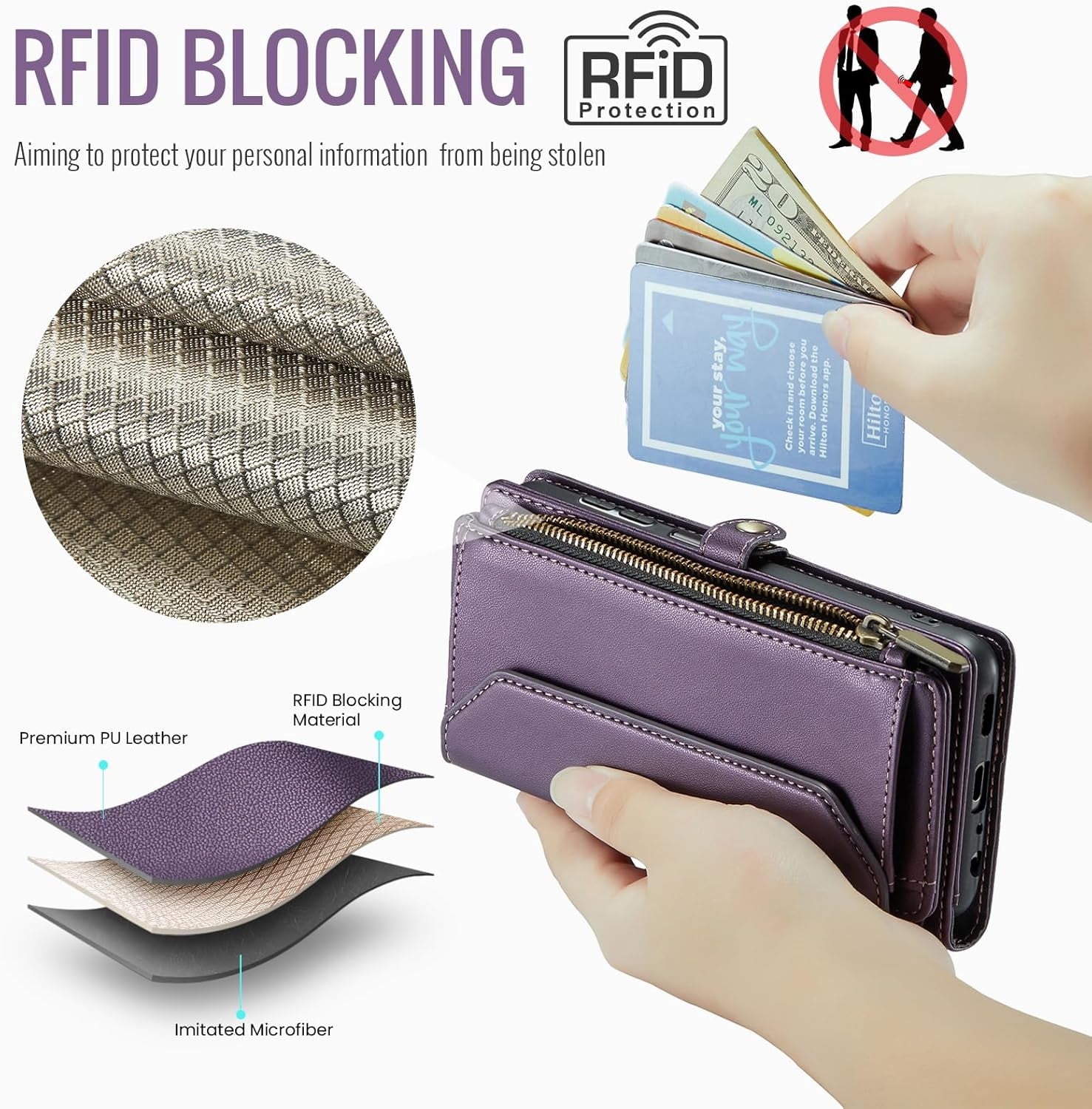 Phone Case for Samsung Galaxy A32 5G 2021 6.5 inch Zipper Wallet Cover with Tempered Glass Screen Protector Flip RFID Blocking Card Holder Cell M32 G5 A 32 32A S32 SM-A326U A326U Women Purple