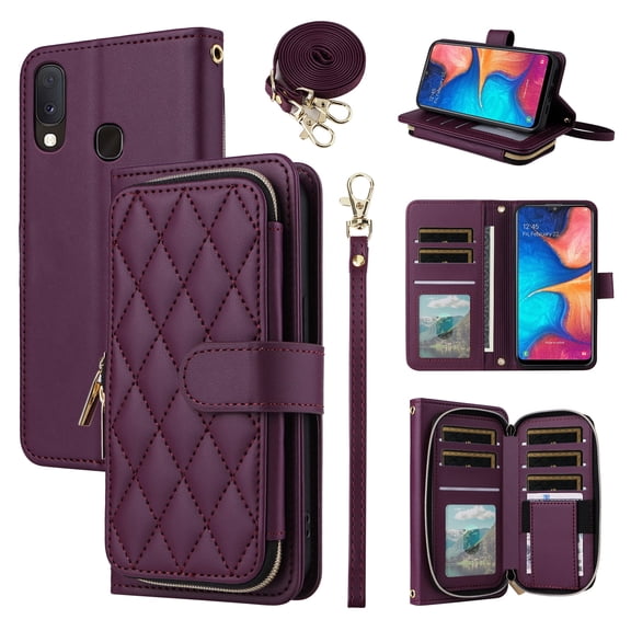 Furiet Argyle Wallet Case for Samsung Galaxy A20 A30 with Wrist/Shoulder Strap, Card Slot Zipper Purse Luxury PU Leather Card Holder Stand Checkered Phone Cover for M10s A 30 20A SM A205G Deep Purple