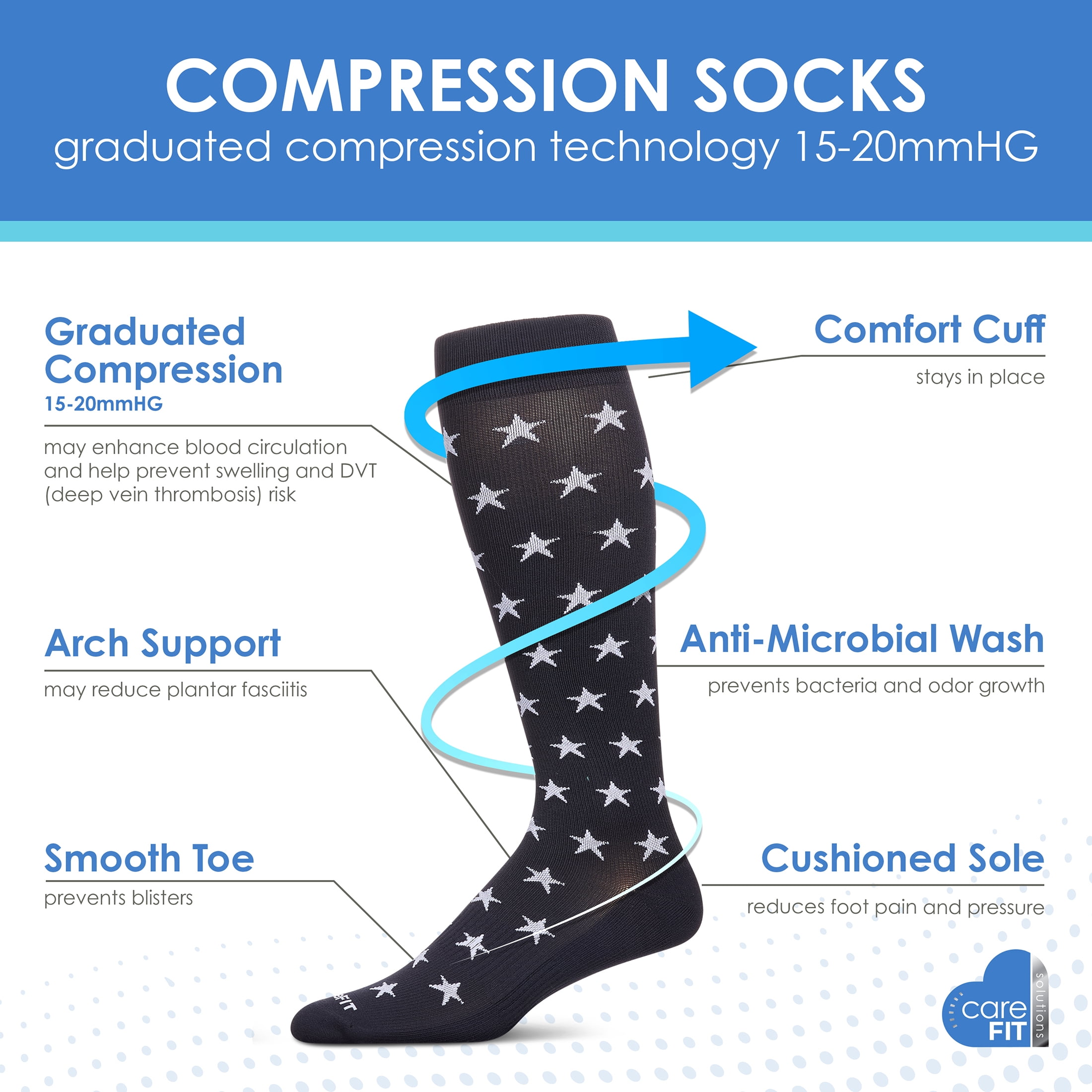 Care Fit Solutions 2 Pair Pack Stars Cotton Blend Graduated Compression Socks