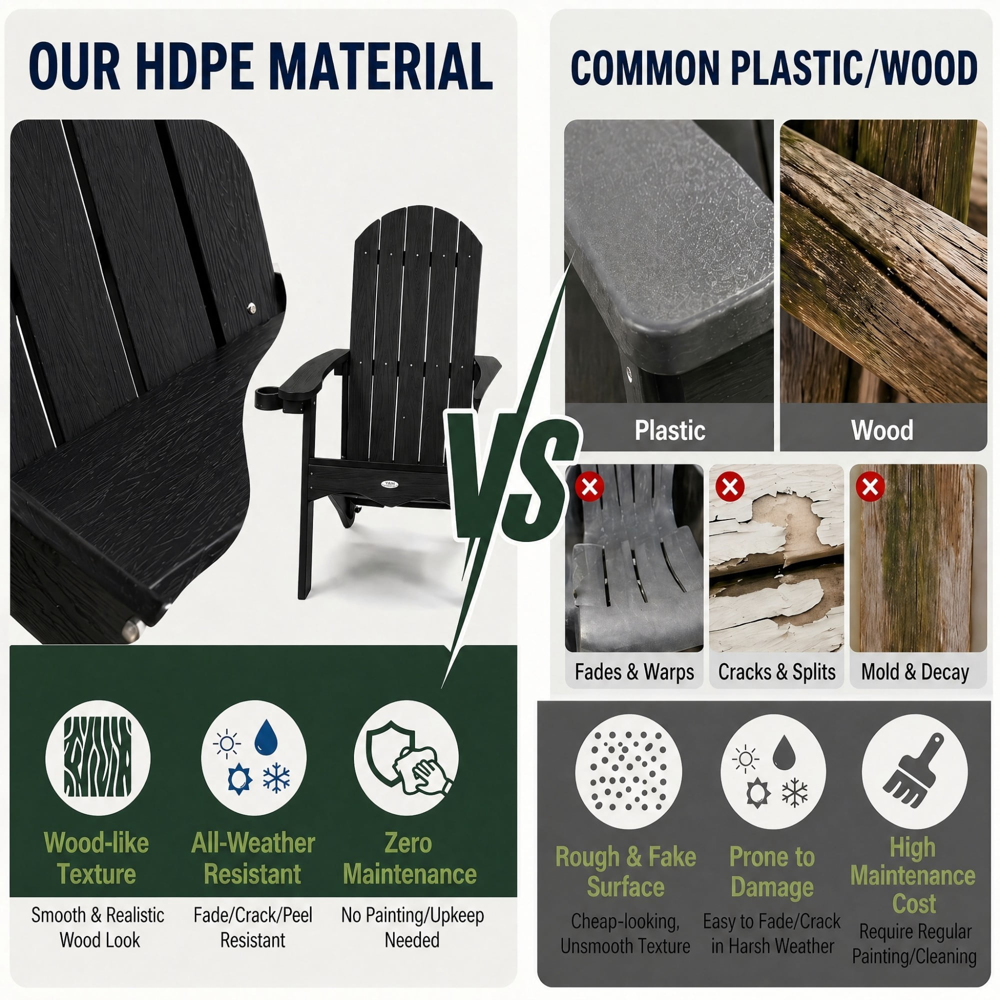 Y&M Adirondack Chair, HDPE Weather Resistant Outdoor Chair with Cup Holder, Black