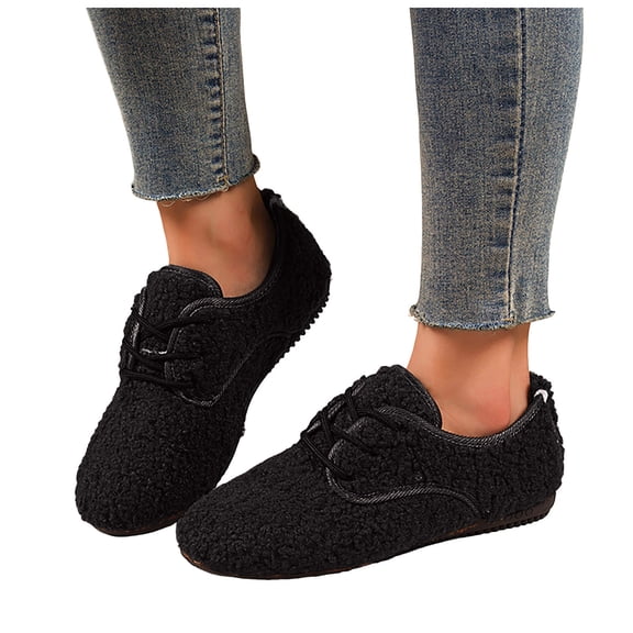 Rokment Womens Fleece Winter Ballet Flat Walking Boots Comfortable Casual Warm Plush Lined Fuzzy Snow Booties Low Heel Dress Fashion Sneakers Black Size 6