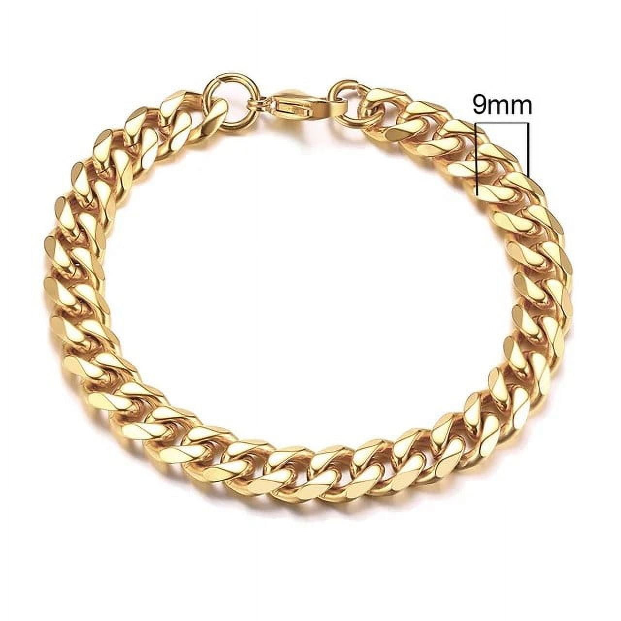 Lordgold Mens Simple 9mm 14K Yellow Gold Curb Cuban Link Chain Bracelets for Women Unisex Wrist Jewelry Gifts
