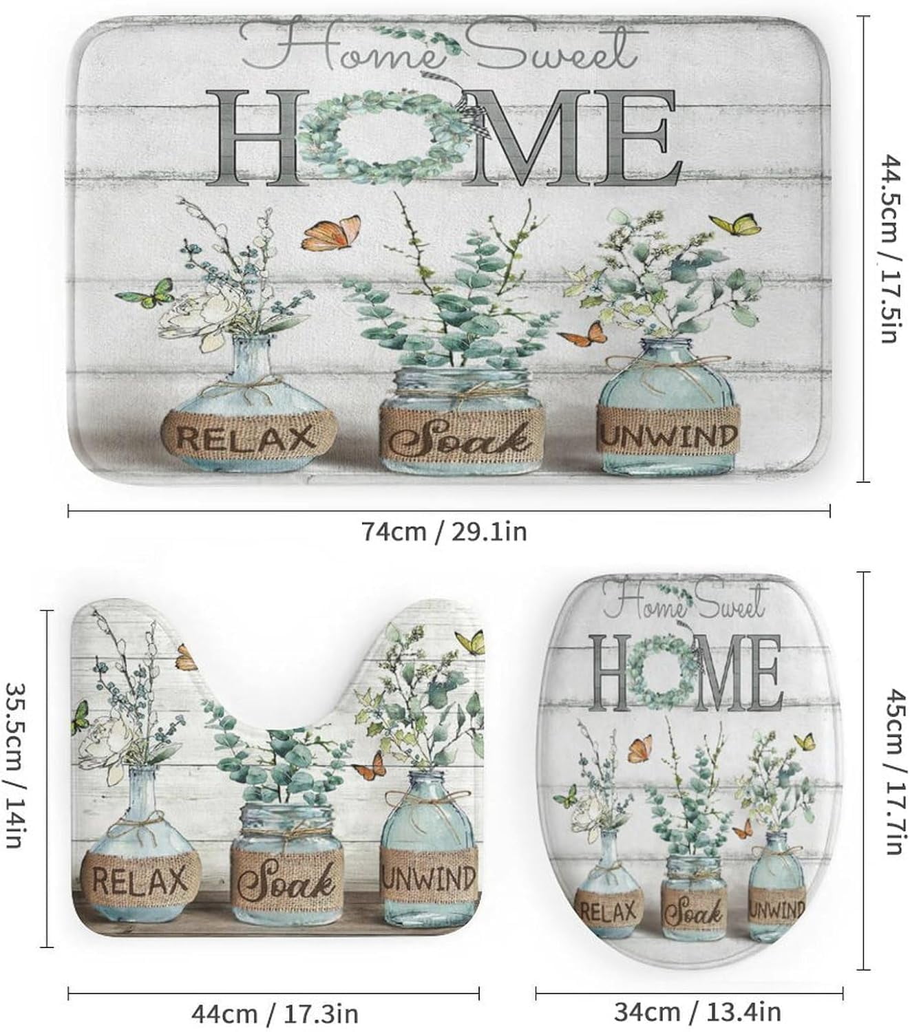 4PCS Shower Curtain Sets with Rugs Farmhouse Shower Curtain Neutral Rustic Country Shower Curtain Sets Purple Lavender Flower Shower Curtain Sets Bathroom Decor with Non-Slip Bath Mat Toilet Rug
