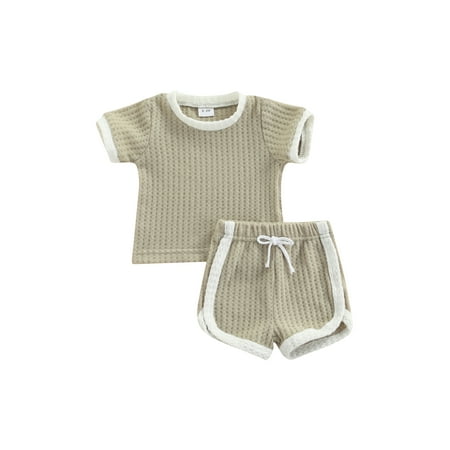 

IZhansean Toddler Infant Baby Boy Girl Summer Clothes Ribbed Knitted Short Sleeve T-shirts+Shorts Set Gray Green 6-9 Months