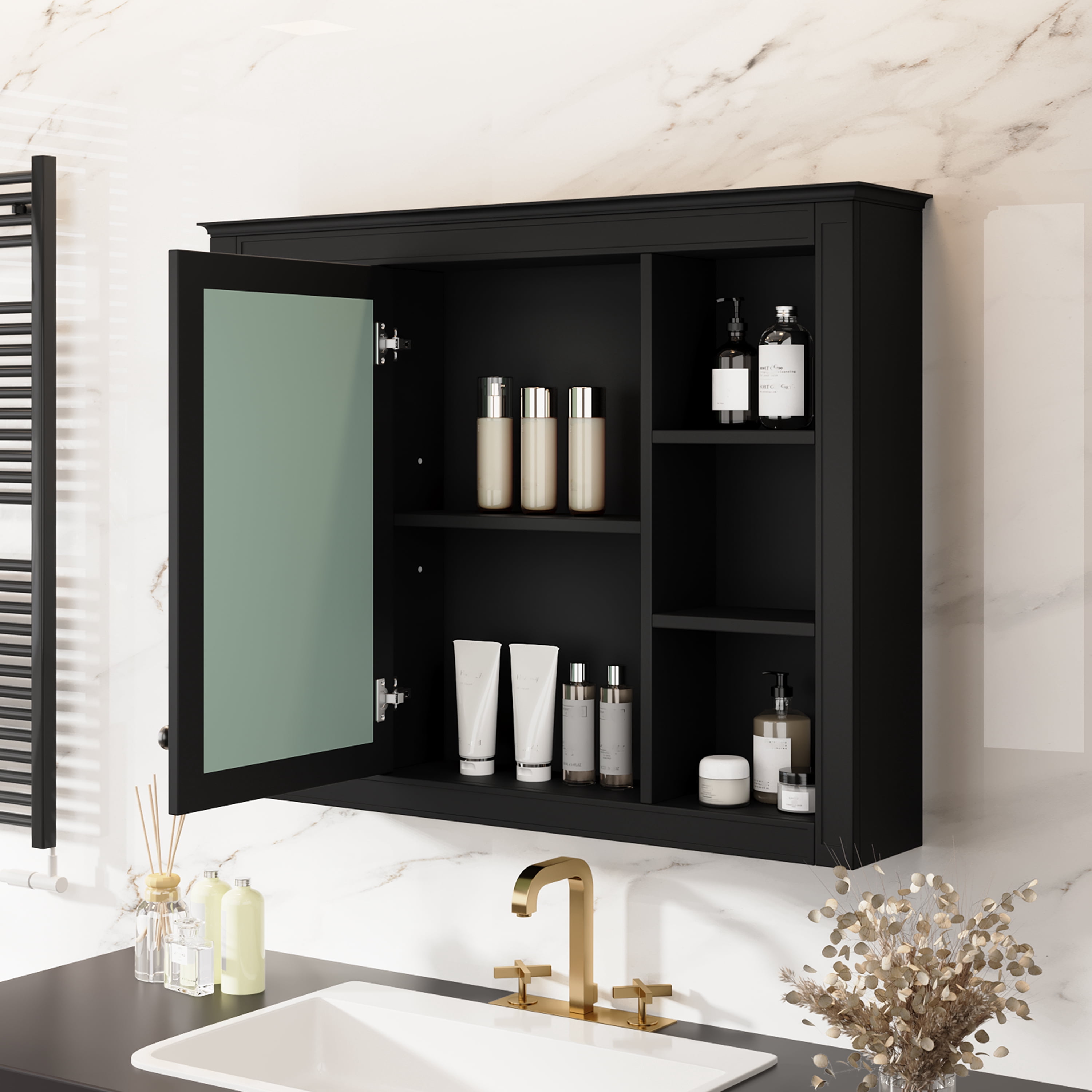 Euroco 35'' x 27.5'' Medicine Cabinet, Wall Mounted Bathroom Storage Cabinet, Modern Bathroom Wall Cabinet with Mirror, Mirror Cabinet with 6 Open Shelves (Not Include Bathroom Vanity )
