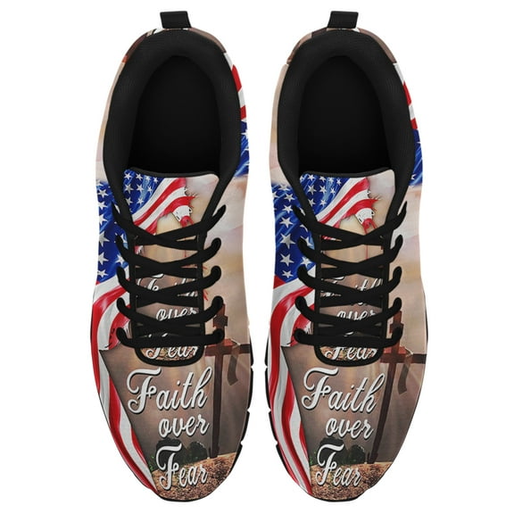 Faith Over Fear Jesus Christian Cross American Flag Running Shoes Sneakers Mesh Black Size 3.5