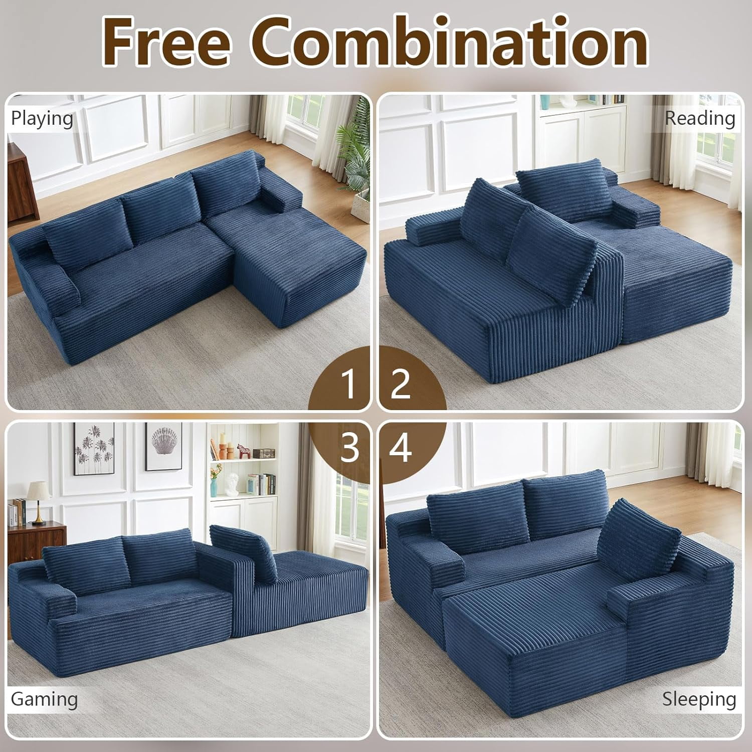 96" Boneless Cloud Couch with Chaise, Modular Sectional Sofa for Living Room, No Assembly Required, Deep Seat Corduroy Couch, Blue