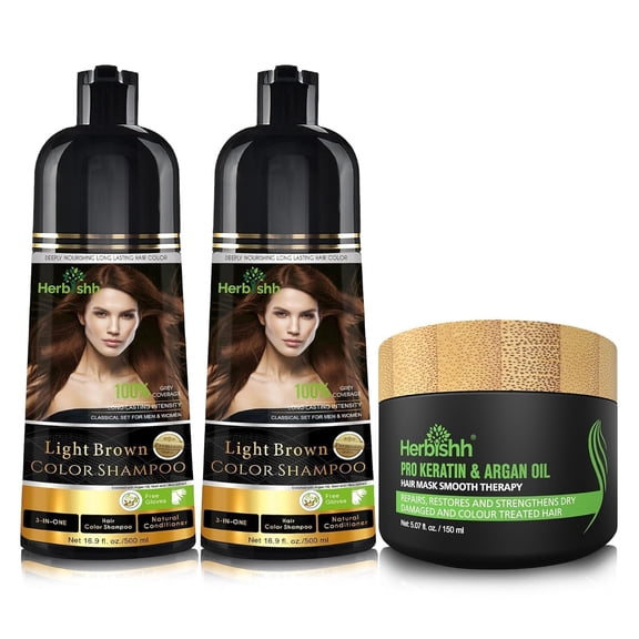 Herbishh Combo Pack - 2 Pc Hair Color Shampoo, Long Lasting Color, (500 ml, Light Brown) 1 Pc Argan Hair Mask, Nourishes Dry & Frizzy Hair (150 ml)