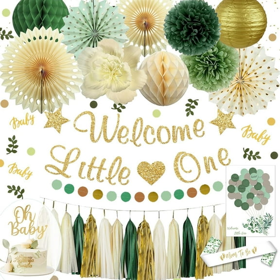 Sage Green Baby Shower Decorations, Baby Shower Decoration Neutral for Girl Boy paper lantern Paper Fans Cake Topper Tissue Paper Pom Poms Gender Neutral Decorations