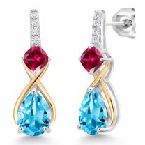Gem Stone King 925 Sterling Silver and 10K Yellow Gold Pear Shape Swiss Blue Topaz Red Created Ruby and White Lab Grown Diamond Dangle Earrings for Women (3.43 Cttw, Pear Shape 8X6MM)