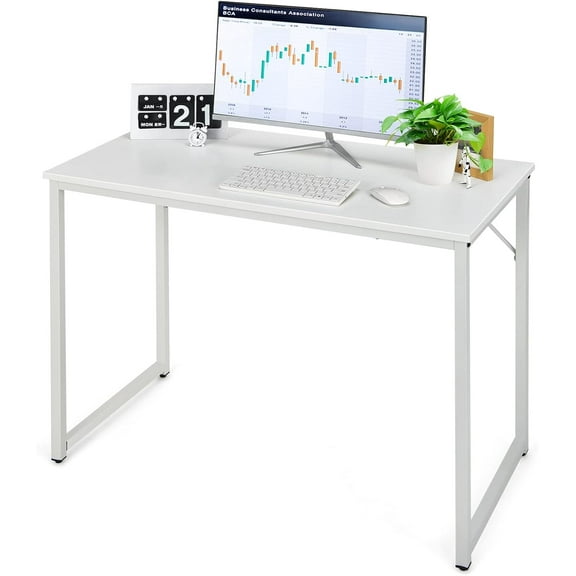 Hyxoo Home Office Computer Desk, 40 inch Modern Simple Writing Study Desk, Metal Frame Gaming Desk, Laptop PC Workstation for Living Room, Bedroom & Study (White)