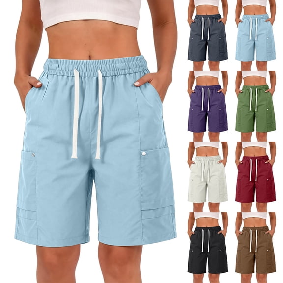 Cargo Shorts for Women Only Moment Womens Longer Shorts for Summer Chemical Fiber Blends Comfy Cotton Elastic Waist Drawstring Casual Shorts with Pockets Sky Blue,L