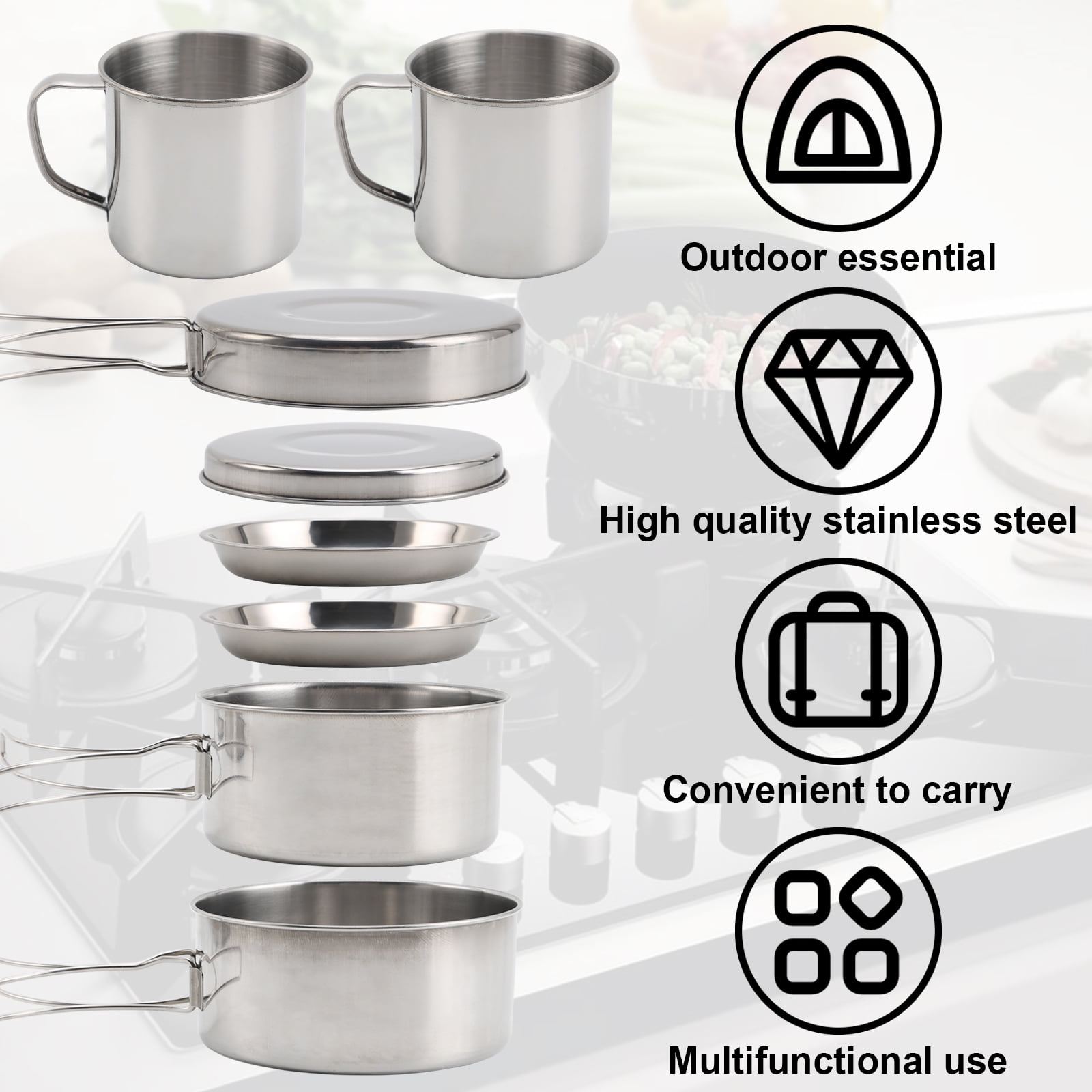 Backpacking Camping Cookware 8PCS Stainless Steel Mini Picnic Cooking Mess Kit Pot and Pan Set with Plates Cups for Outdoor Camping Hiking