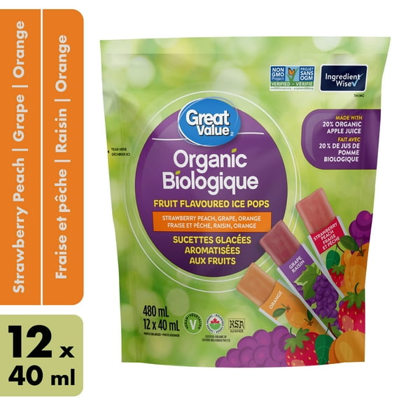 Great Value Organic Fruit Flavoured Ice Pops - Strawberry Peach, Grape, Orange - 12 x 40 ml, 12 x 40 ml