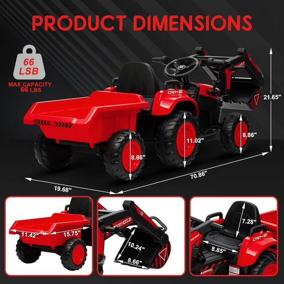 Acekid 12V 3 in 1 Ride on Excavator Tractor with Detachable Trailer Ride on Car Toy with Remote Control Digger LED Lights Music Red