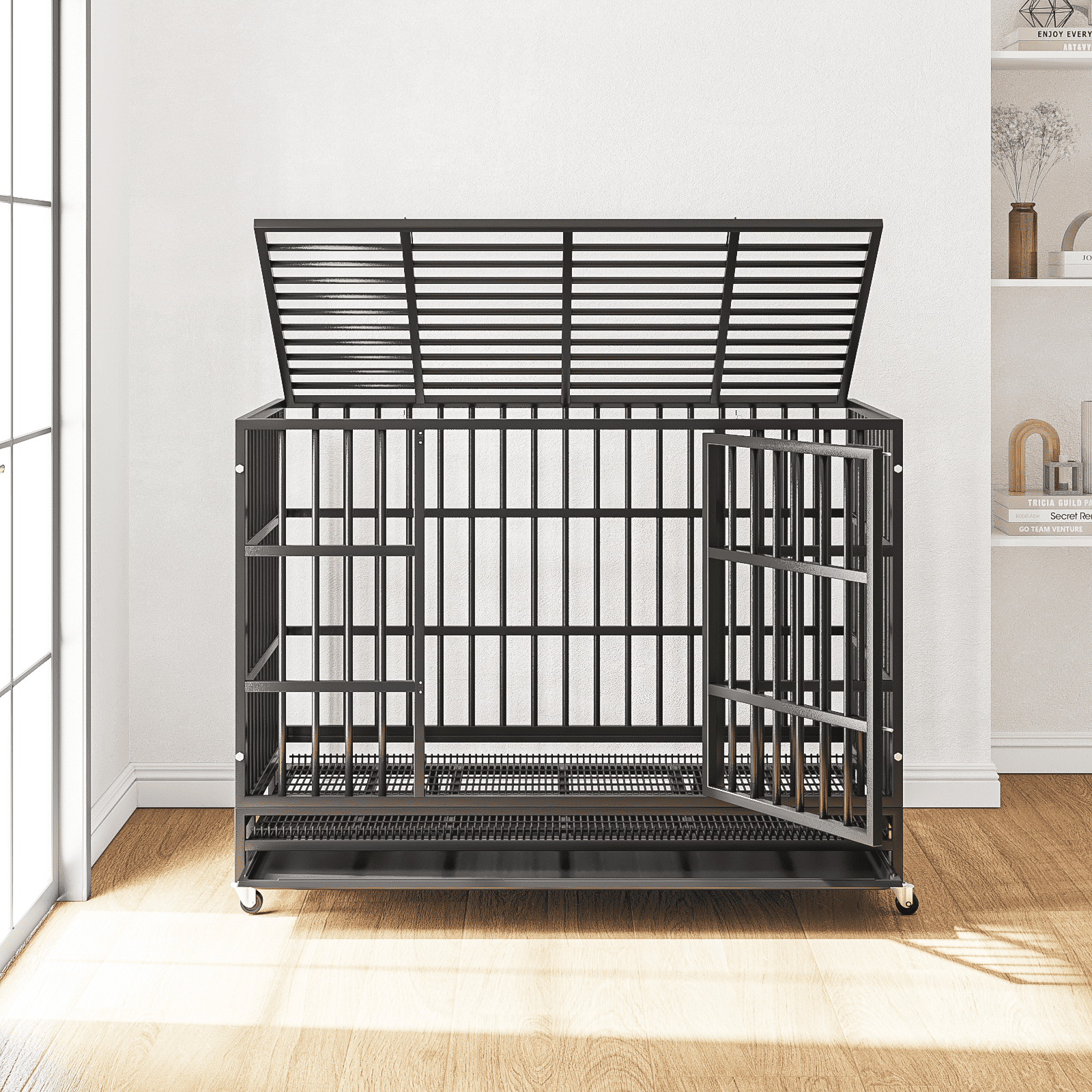 Waleaf 38 Inch Heavy Duty Dog Crate Cage with Wheels for Indoor, Large Dog Kennel with Removable Tray