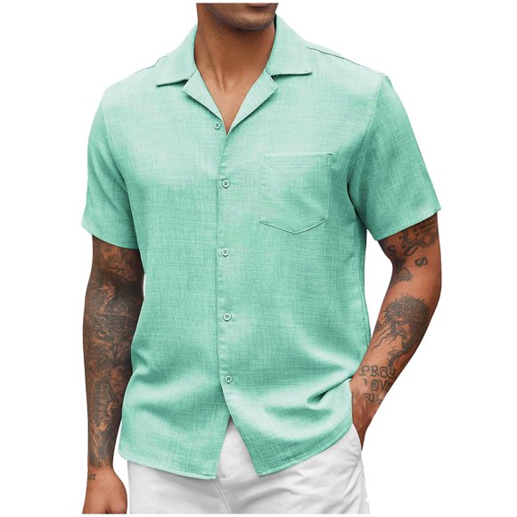 AherBiu Short Sleeve Shirts for Men Linen Cotton T-Shirts Button down Tee Shirts for Men Summer Beach T Shirts