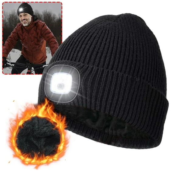 IC ICLOVER Winter LED Beanie Hat with Light, USB Rechargeable Warm Fleece Lined Knitted Headlight Cap Gifts for Men Women, Black