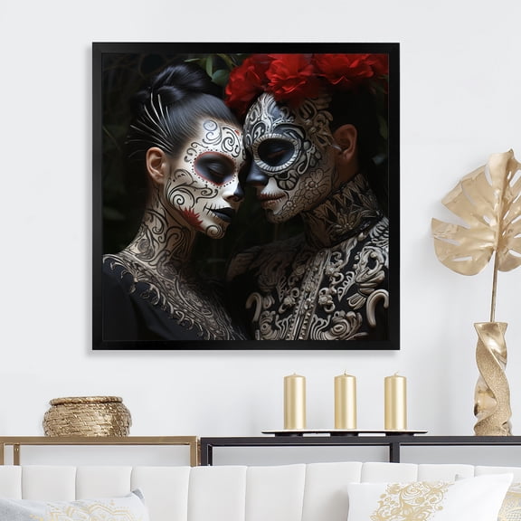 Designart "Day of the Dead Mexican Portrait I" Fashion Framed Wall Art Decor - Glam Black Woman Hallway Framed Wall Art Decor