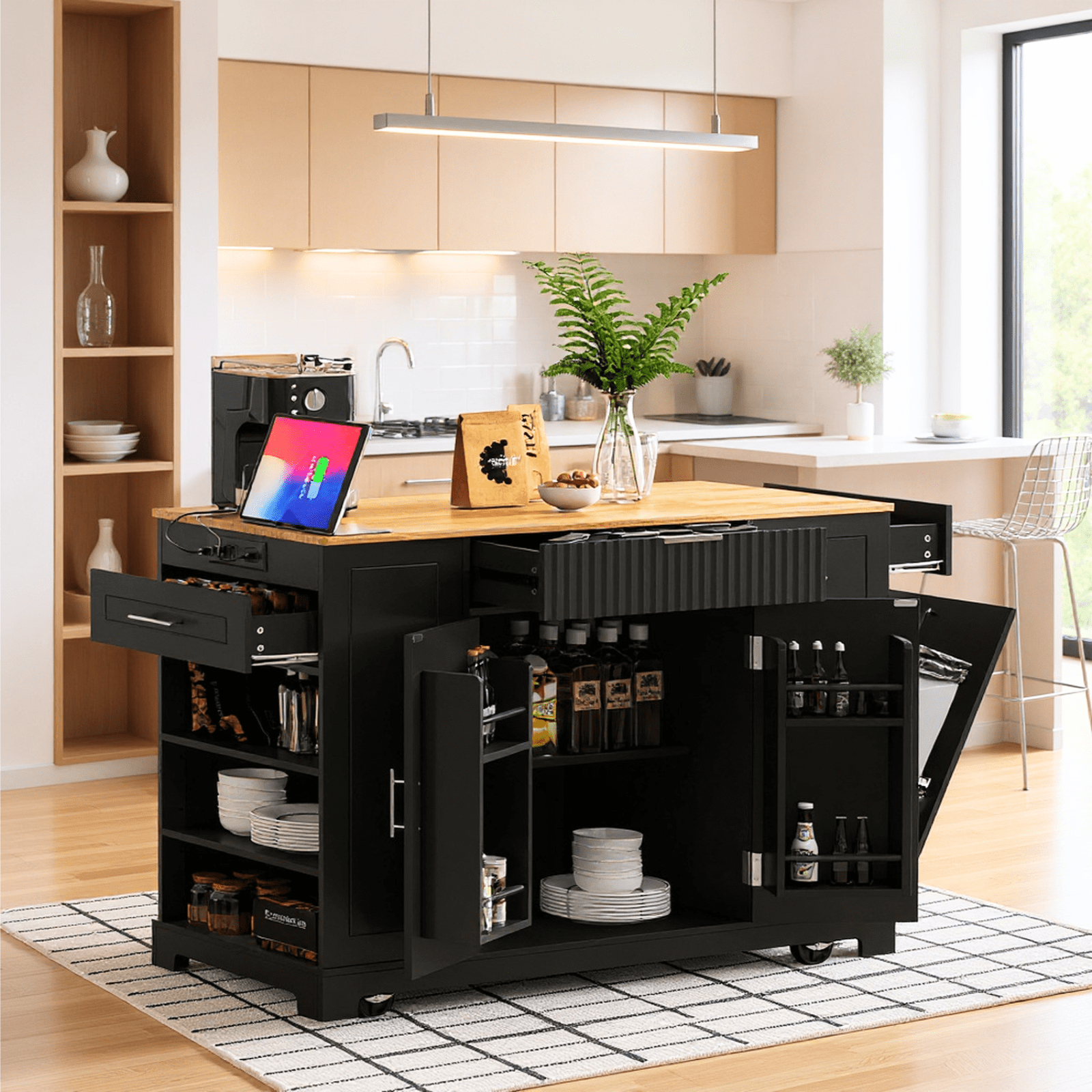 Homy Casa Kitchen Island with Power Outlet, Hidden Trash Bin, Rolling Storage Cabinet with Drawers, Black